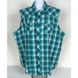 Cowgirl Legend Sleeveless Top Women Size 3X Pearl Snap Green Blue Black Plaid